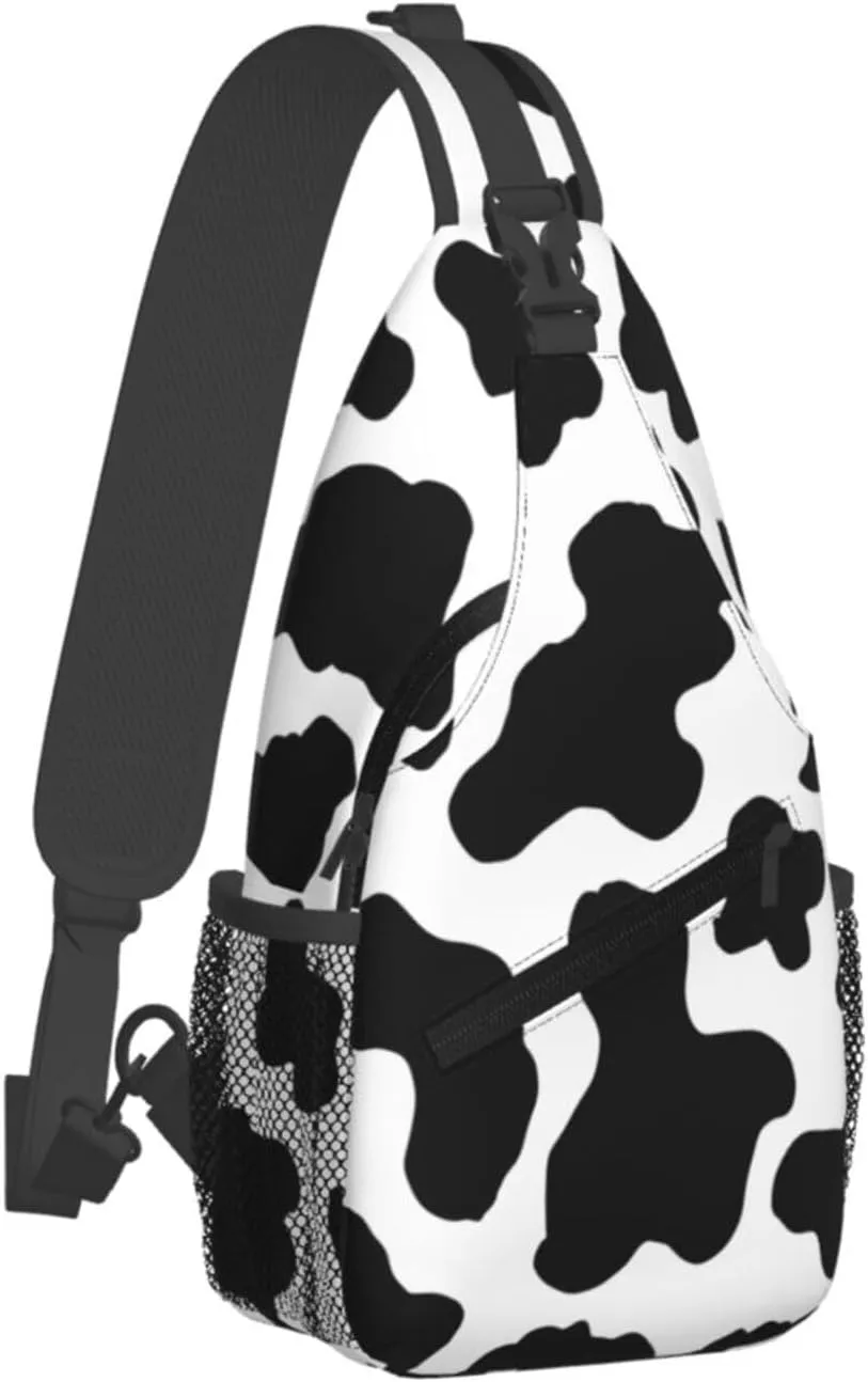 Black White Cow Print Aesthetic Crossbody Bag Cross Chest Bag Adjustable Sling Backpack Sports Gym Shoulder Bags Travel Cycling Daypack Diagonally Casual Rucksack