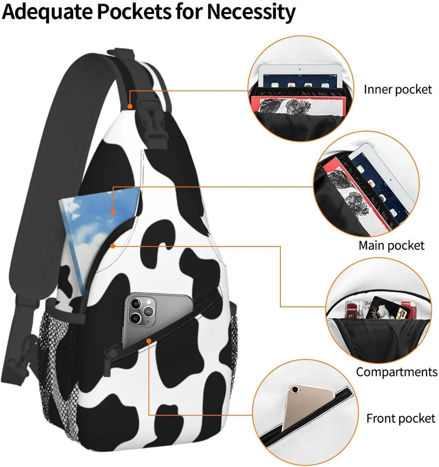 Black White Cow Spots Print Crossbody Bag Cross Chest Bag Adjustable Sling Backpack Sports Gym Shoulder Bags Travel Cycling Daypack Diagonally Casual Rucksack