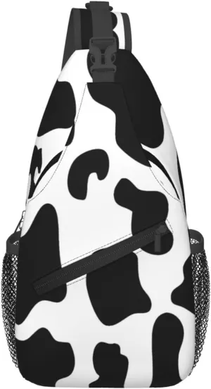 Black White Cow Spots Print Crossbody Bag Cross Chest Bag Adjustable Sling Backpack Sports Gym Shoulder Bags Travel Cycling Daypack Diagonally Casual Rucksack