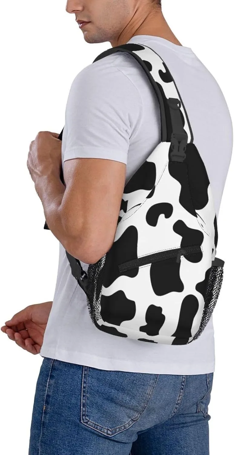 Black White Cow Spots Print Crossbody Bag Cross Chest Bag Adjustable Sling Backpack Sports Gym Shoulder Bags Travel Cycling Daypack Diagonally Casual Rucksack