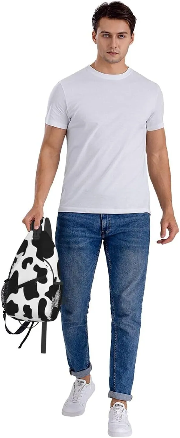 Black White Cow Spots Print Crossbody Bag Cross Chest Bag Adjustable Sling Backpack Sports Gym Shoulder Bags Travel Cycling Daypack Diagonally Casual Rucksack