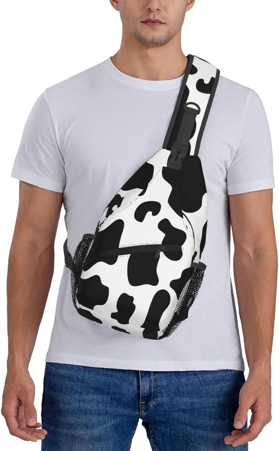 Black White Cow Spots Print Crossbody Bag Cross Chest Bag Adjustable Sling Backpack Sports Gym Shoulder Bags Travel Cycling Daypack Diagonally Casual Rucksack