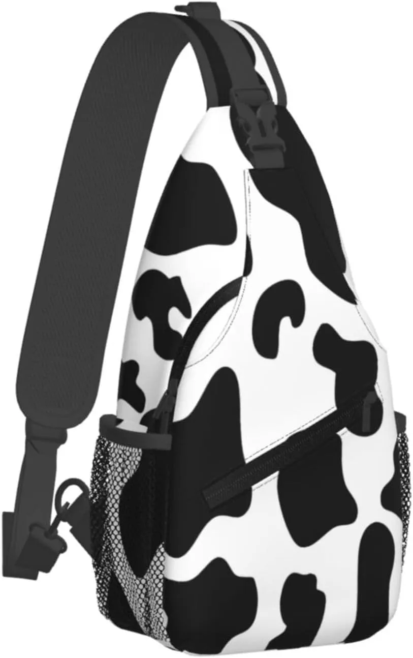 Black White Cow Spots Print Crossbody Bag Cross Chest Bag Adjustable Sling Backpack Sports Gym Shoulder Bags Travel Cycling Daypack Diagonally Casual Rucksack