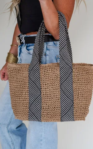 Black Woven Straw Design Lorena Tote Bag