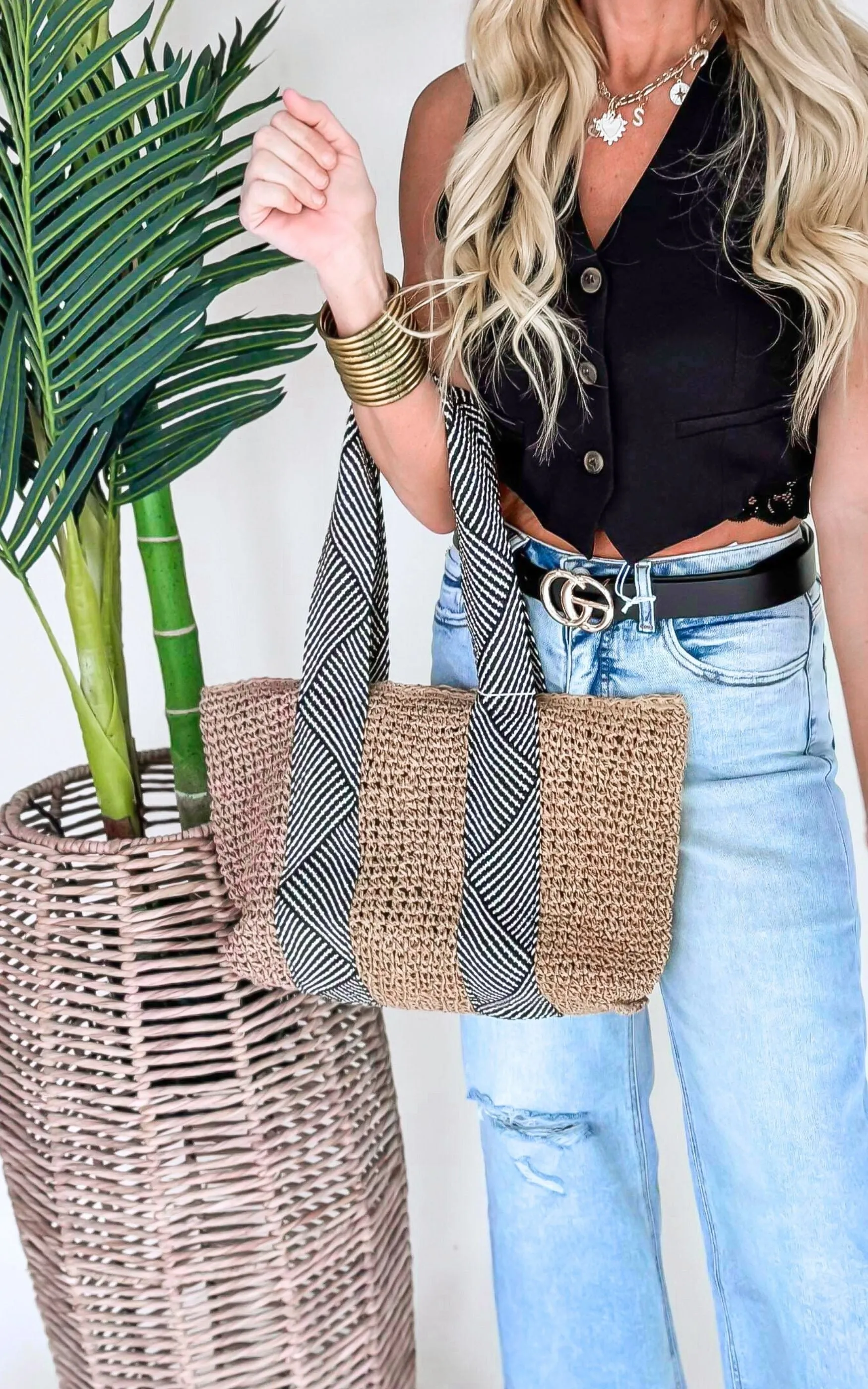 Black Woven Straw Design Lorena Tote Bag