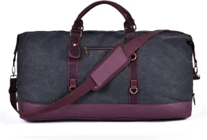 Blue Canvas & Genuine Leather Duffle Bag for Men, Mens Travel Bag, Vintage Carry On Bag, Luggage Bag with Shoes Bag & Adjustable Strap, Overnight Bag Weekender