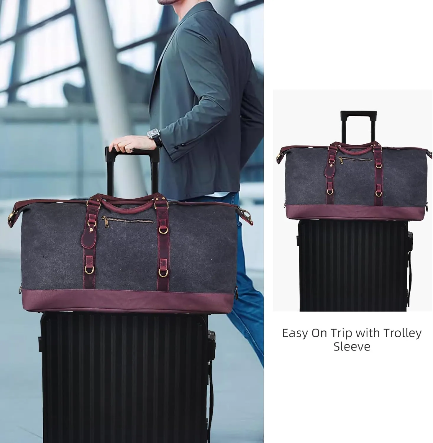 Blue Canvas & Genuine Leather Duffle Bag for Men, Mens Travel Bag, Vintage Carry On Bag, Luggage Bag with Shoes Bag & Adjustable Strap, Overnight Bag Weekender