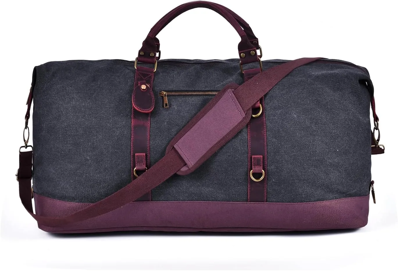 Blue Canvas & Genuine Leather Duffle Bag for Men, Mens Travel Bag, Vintage Carry On Bag, Luggage Bag with Shoes Bag & Adjustable Strap, Overnight Bag Weekender