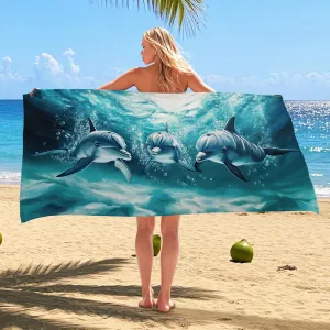 Blue Dolphin Microfiber Beach Towel Artistic Ocean Design, Quick Dry Absorbent Sand Free Oversize Lightweight Travel Blanket, Ideal for Pool Gym Vacation Picnic Essentials 70x35 Inch