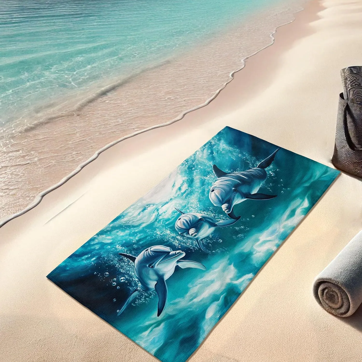 Blue Dolphin Microfiber Beach Towel Artistic Ocean Design, Quick Dry Absorbent Sand Free Oversize Lightweight Travel Blanket, Ideal for Pool Gym Vacation Picnic Essentials 70x35 Inch