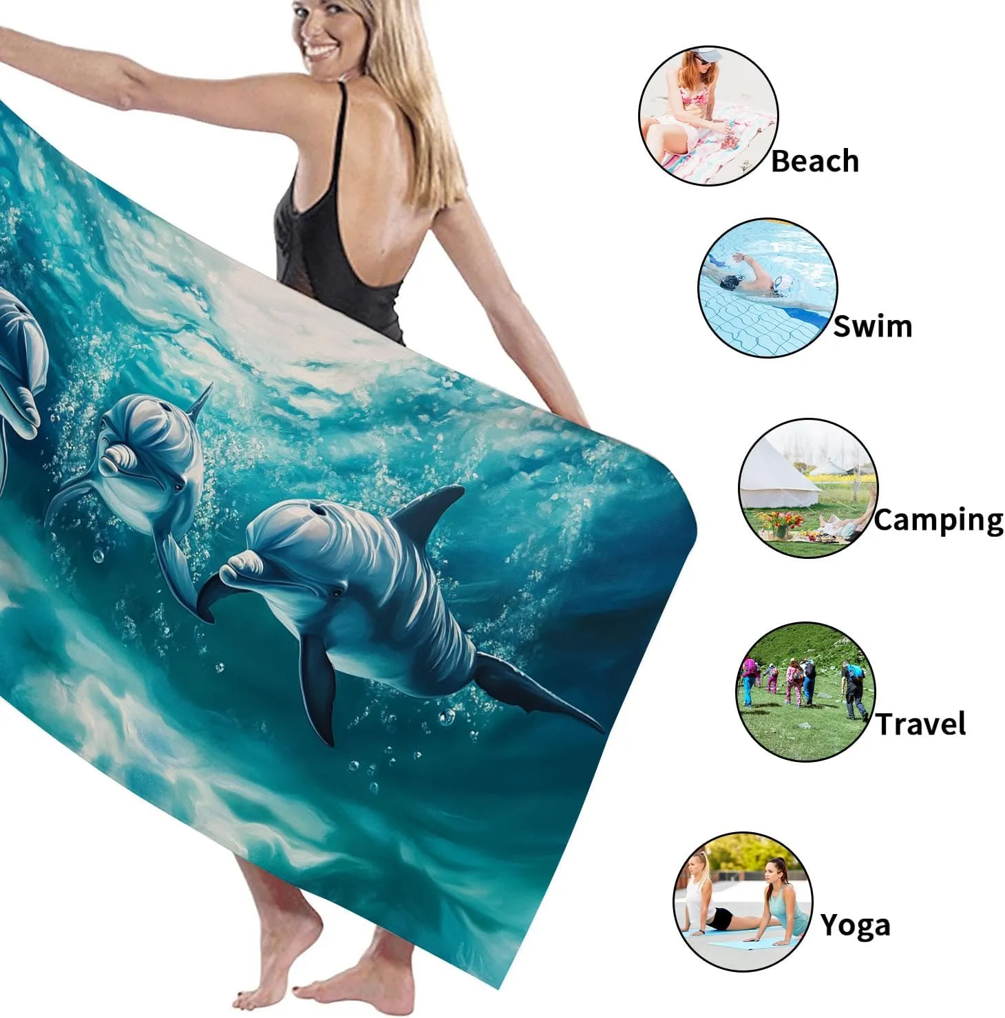 Blue Dolphin Microfiber Beach Towel Artistic Ocean Design, Quick Dry Absorbent Sand Free Oversize Lightweight Travel Blanket, Ideal for Pool Gym Vacation Picnic Essentials 70x35 Inch
