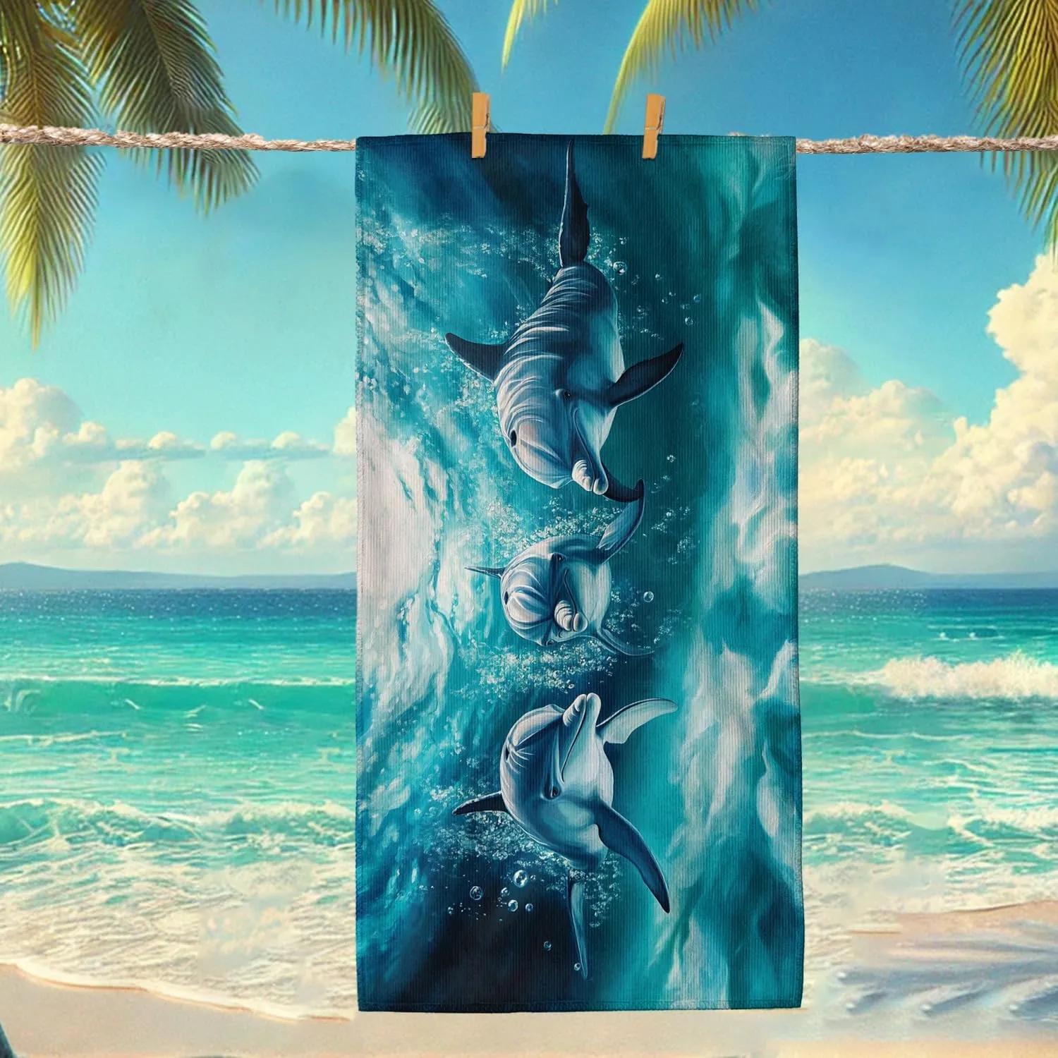 Blue Dolphin Microfiber Beach Towel Artistic Ocean Design, Quick Dry Absorbent Sand Free Oversize Lightweight Travel Blanket, Ideal for Pool Gym Vacation Picnic Essentials 70x35 Inch