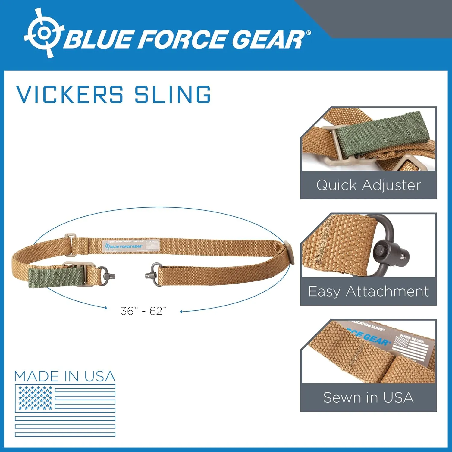 Blue Force Gear Vickers Push Button Sling | Adjusts for Carrying Positions | 2 Point Sling with QD Points | 36-62 inches