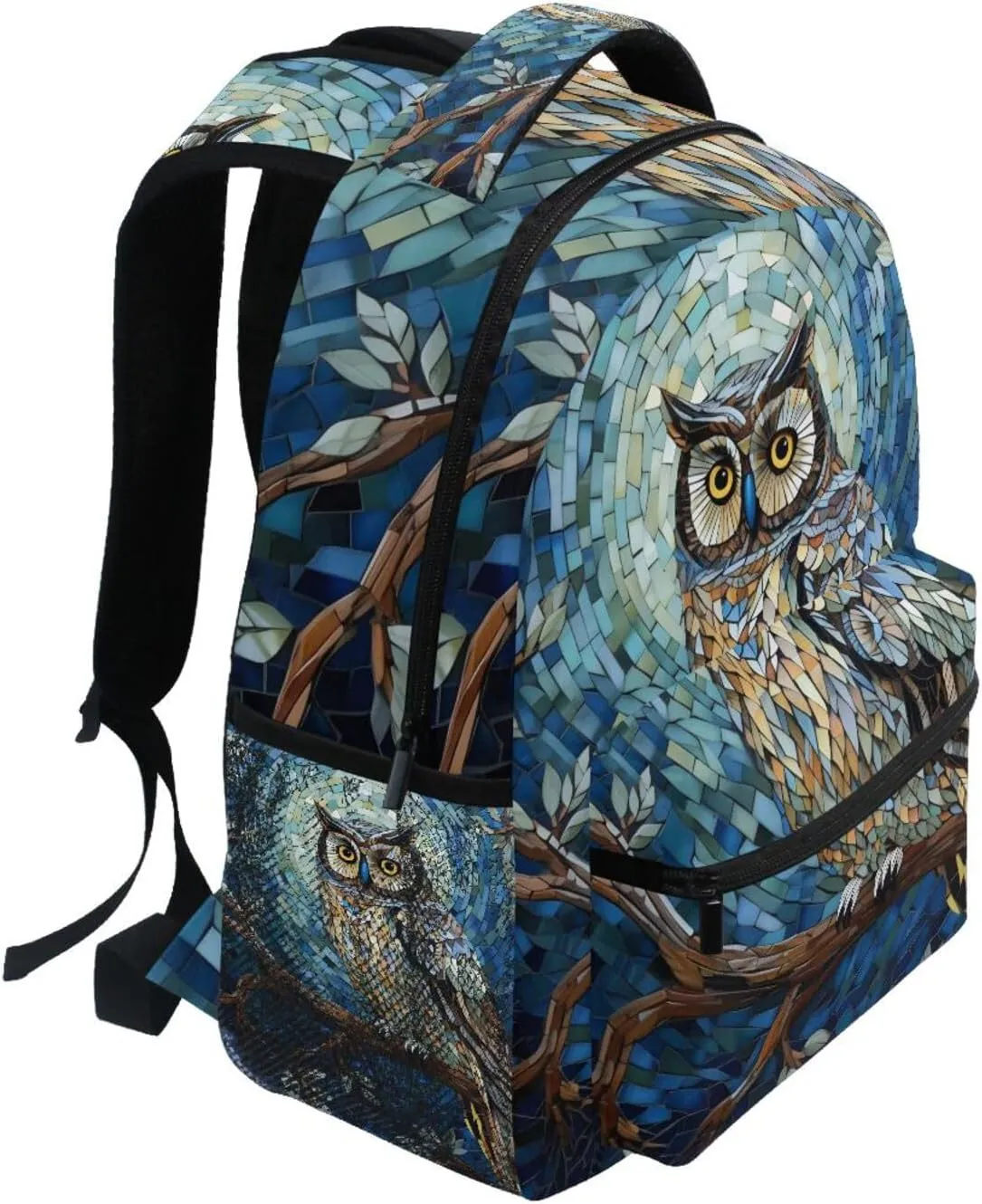 Blue Mosaic Owl Branch Backpack Daypack Shoulder Bag Book Bag Lightweight Back Pack 11.4 ×16 In