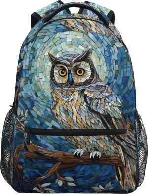 Blue Mosaic Owl Branch Backpack Daypack Shoulder Bag Book Bag Lightweight Back Pack 11.4 ×16 In
