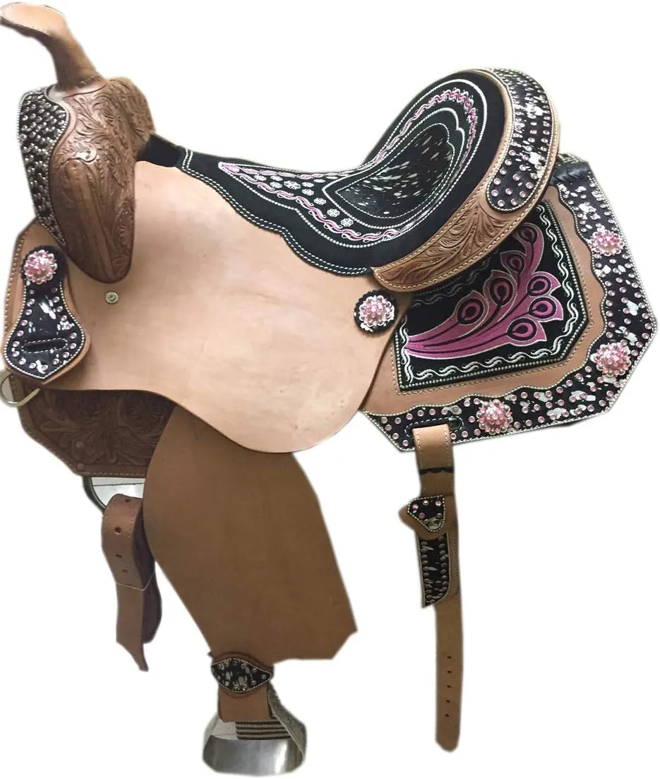 BNB International Western Barrel Racing Horse Saddles Trail Equestrian Pony & Adult Classic Quality Premium Leather for Horse Riding Size:10-18 inches Seat Available BRL304