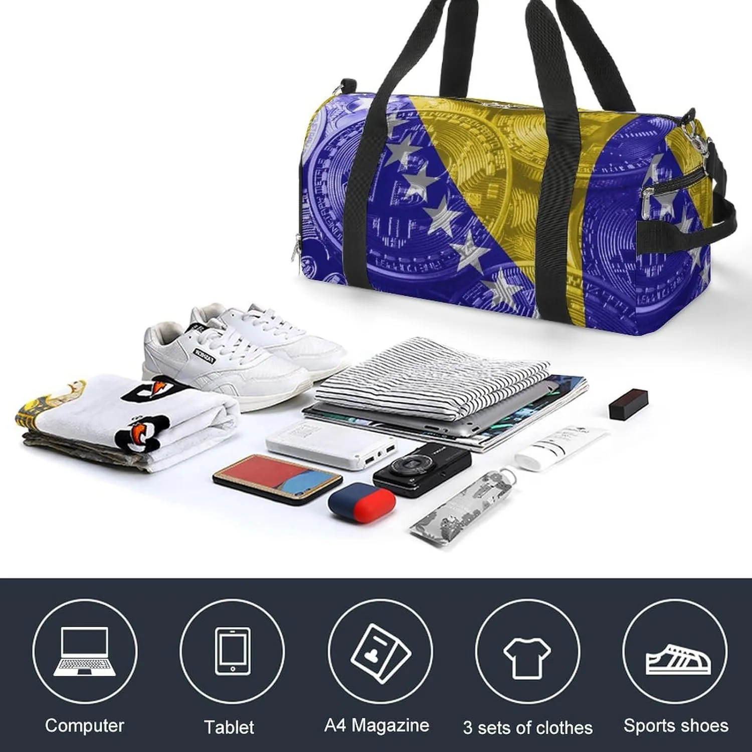 Bosnia Herzegovina Flag Bitcoin Gym Duffel Bag Waterproof with Shoe Compartment for Sports