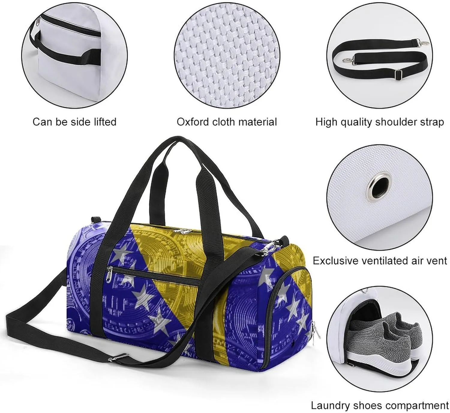 Bosnia Herzegovina Flag Bitcoin Gym Duffel Bag Waterproof with Shoe Compartment for Sports