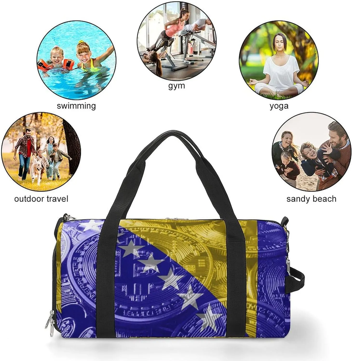 Bosnia Herzegovina Flag Bitcoin Gym Duffel Bag Waterproof with Shoe Compartment for Sports