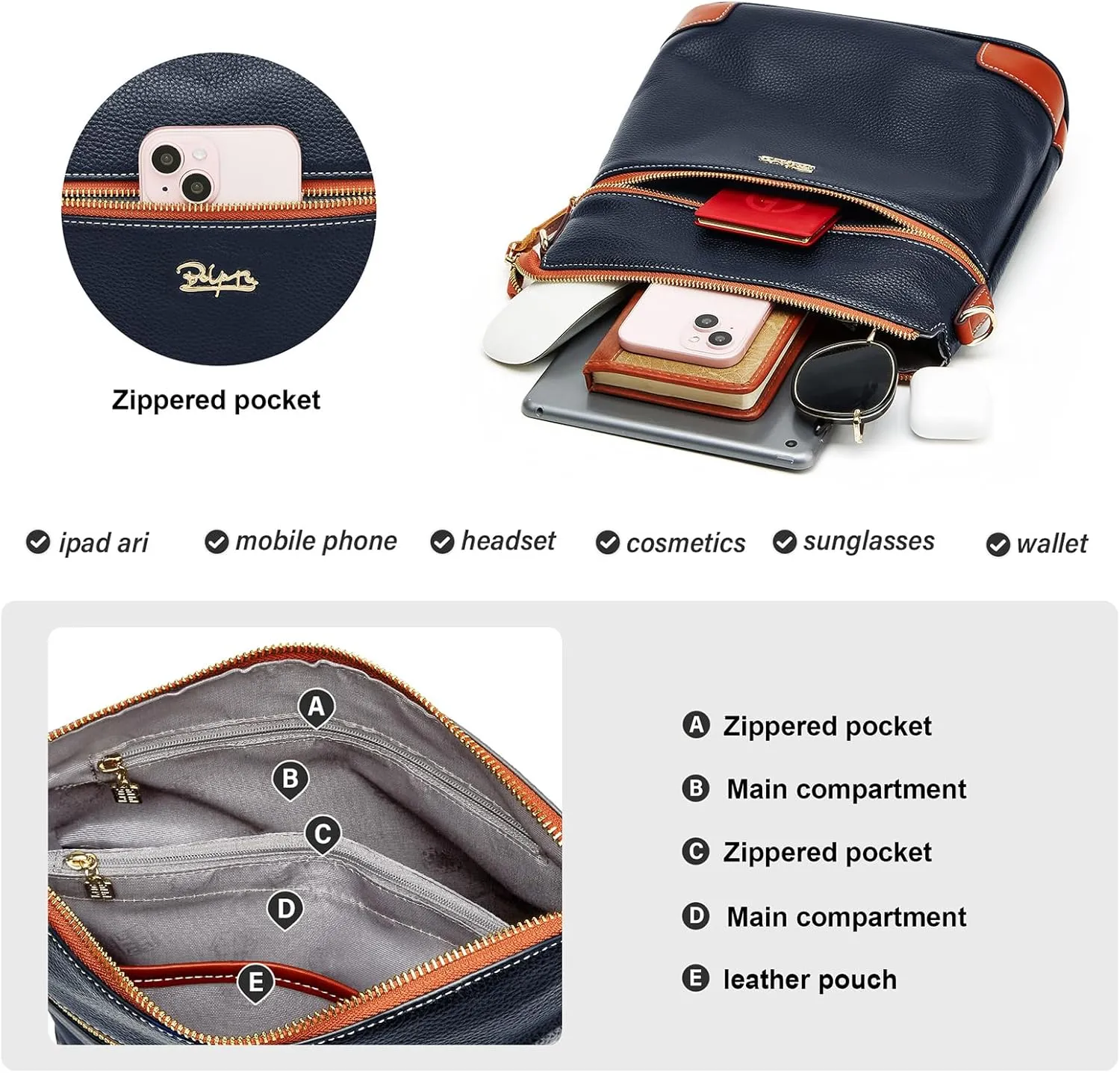 BOYATU Genuine Leather Crossbody Bag Women: Medium Leather Shoulder Purse - Trendy Handbag Travel Adjustable Strap