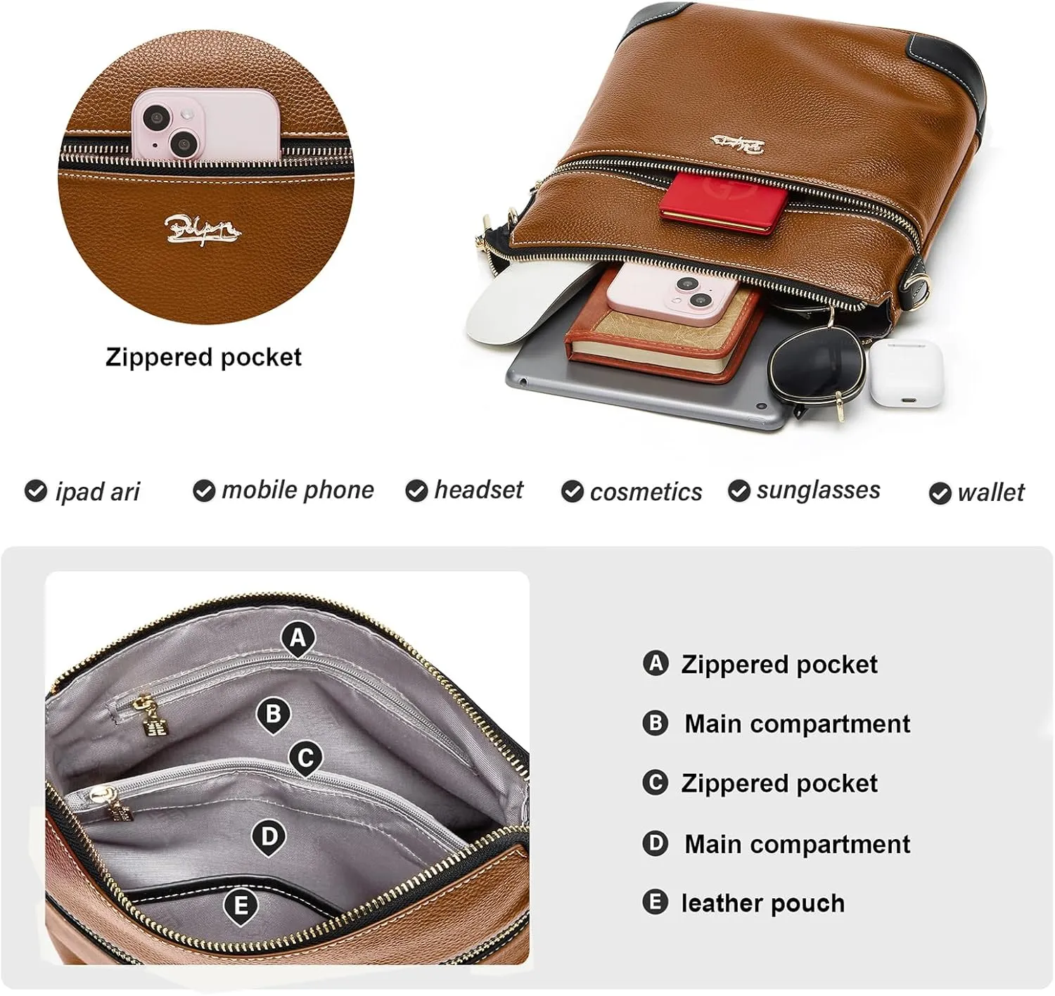 BOYATU Genuine Leather Crossbody Bag Women: Medium Leather Shoulder Purse - Trendy Handbag Travel Adjustable Strap
