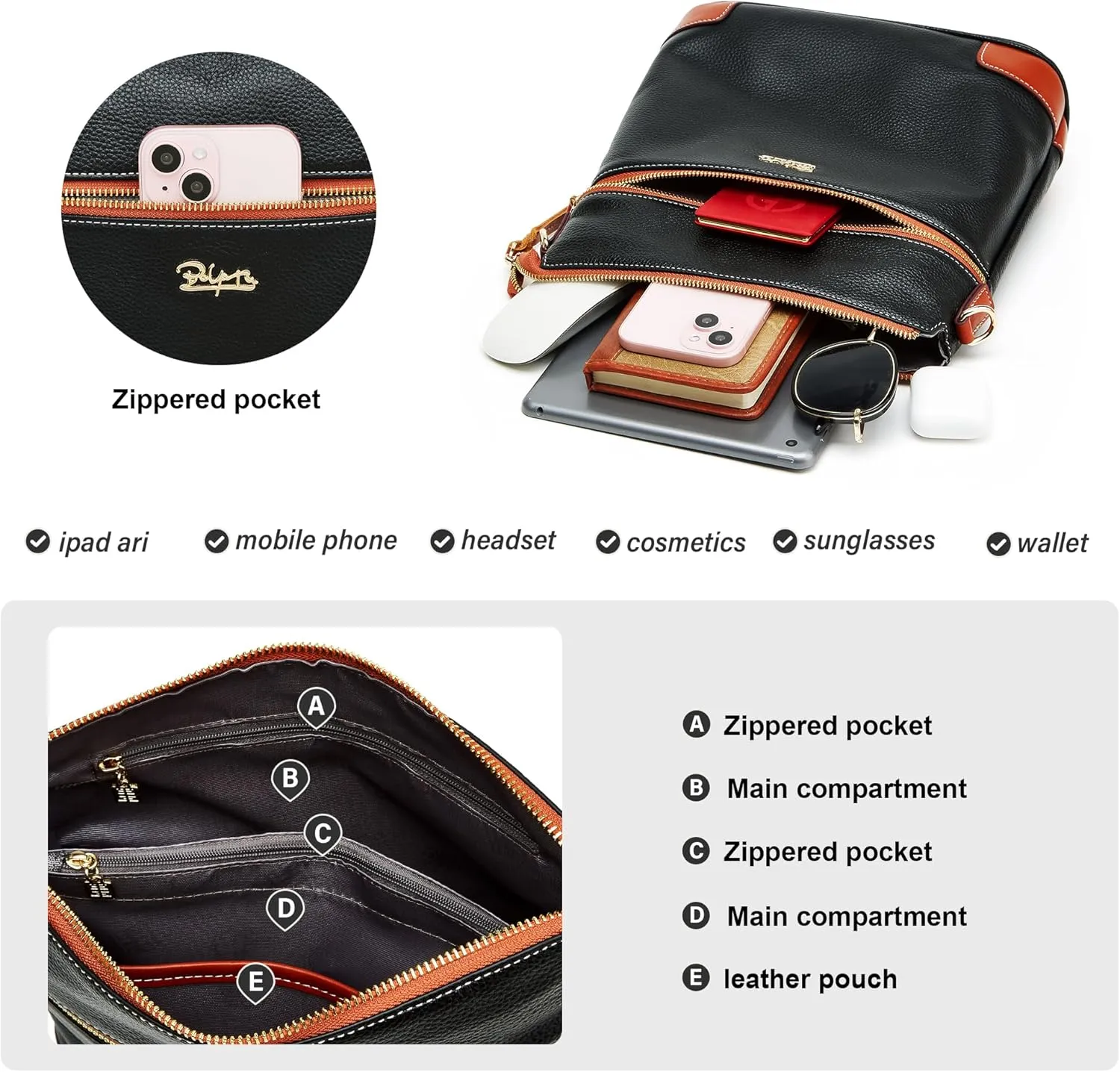 BOYATU Genuine Leather Crossbody Bag Women: Medium Leather Shoulder Purse - Trendy Handbag Travel Adjustable Strap