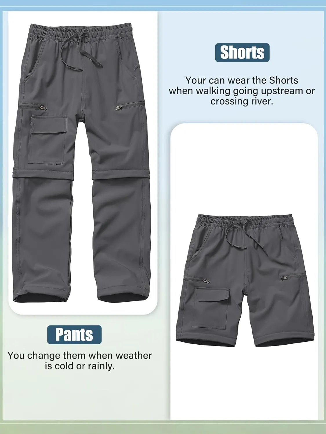 Boys Kids Hiking Cargo Pants, Youth Outdoor Quick Dry UPF 50 Lightweight Waterproof Climbing Caming Safari Convertible Pants