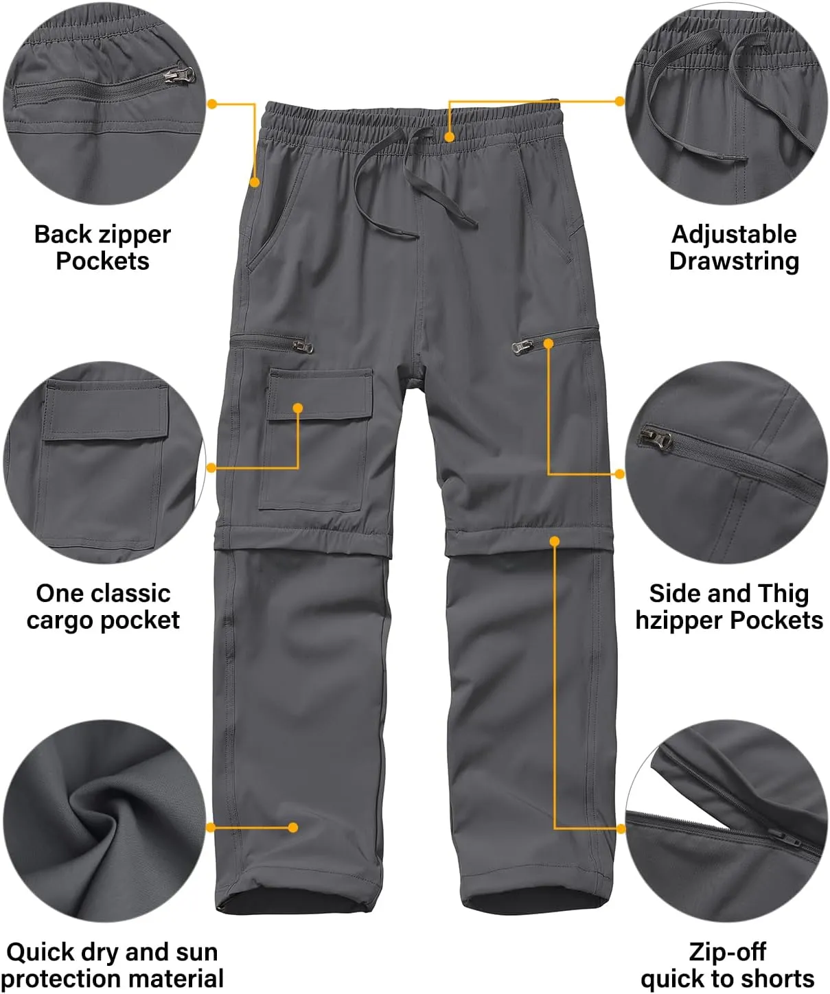 Boys Kids Hiking Cargo Pants, Youth Outdoor Quick Dry UPF 50 Lightweight Waterproof Climbing Caming Safari Convertible Pants
