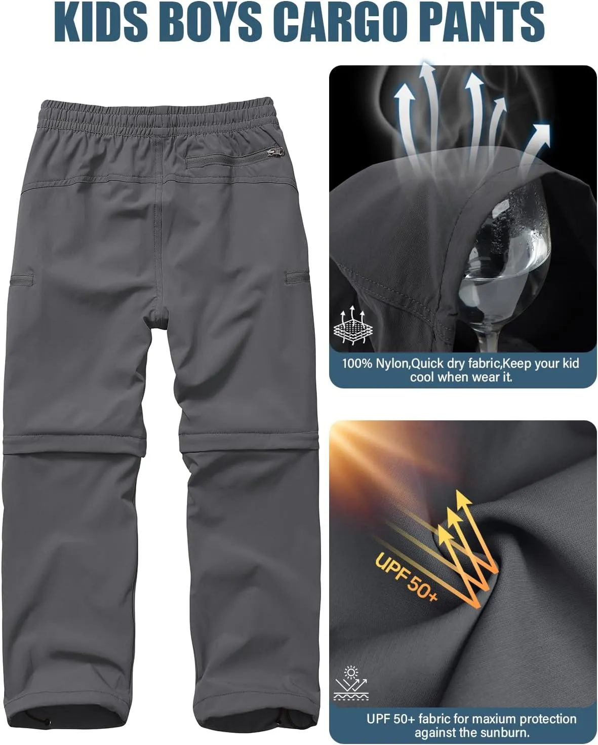 Boys Kids Hiking Cargo Pants, Youth Outdoor Quick Dry UPF 50 Lightweight Waterproof Climbing Caming Safari Convertible Pants