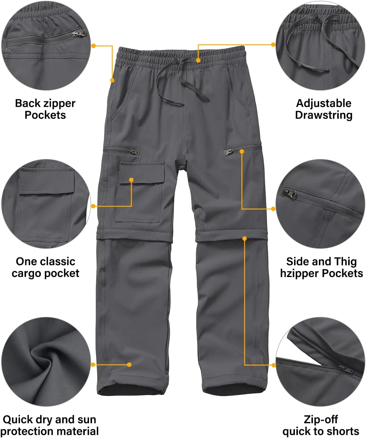 Boys Kids Hiking Cargo Pants, Youth Outdoor Quick Dry UPF 50 Lightweight Waterproof Climbing Caming Safari Convertible Pants