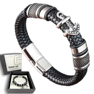 Bracelets For Men Black Leather Bracelet for Men Stainless Steel Anchor Bracelet for Men Genuine Leather Bracelet Gifts for Men Birthday Gifts for Men Pulseras Para Hombres