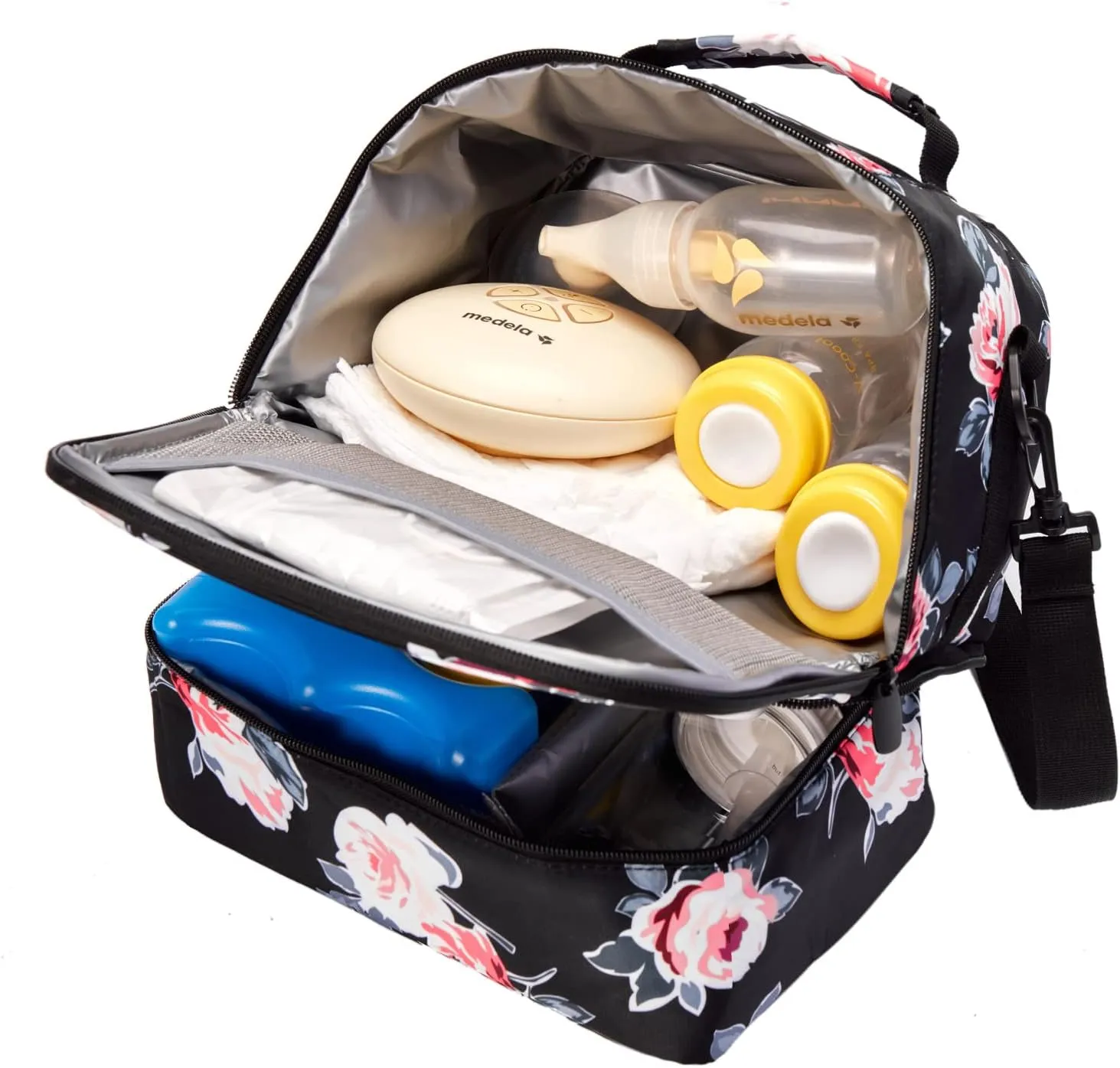 Breast Pump Bag Cooler Compartment for Breast Pump - Cooler and Moistureproof Bag Double Layer for Mother Breast Milk Pump Lunch Bag Outdoor Working (Flower)