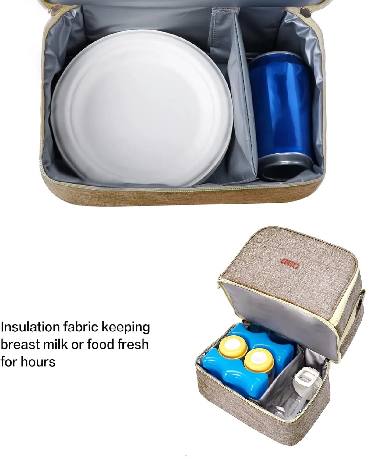 Breast Pump Bag Cooler Compartment for Breast Pump - Cooler and Moistureproof Bag Double Layer for Mother Breast Milk Pump Lunch Bag Outdoor Working (Khaki)