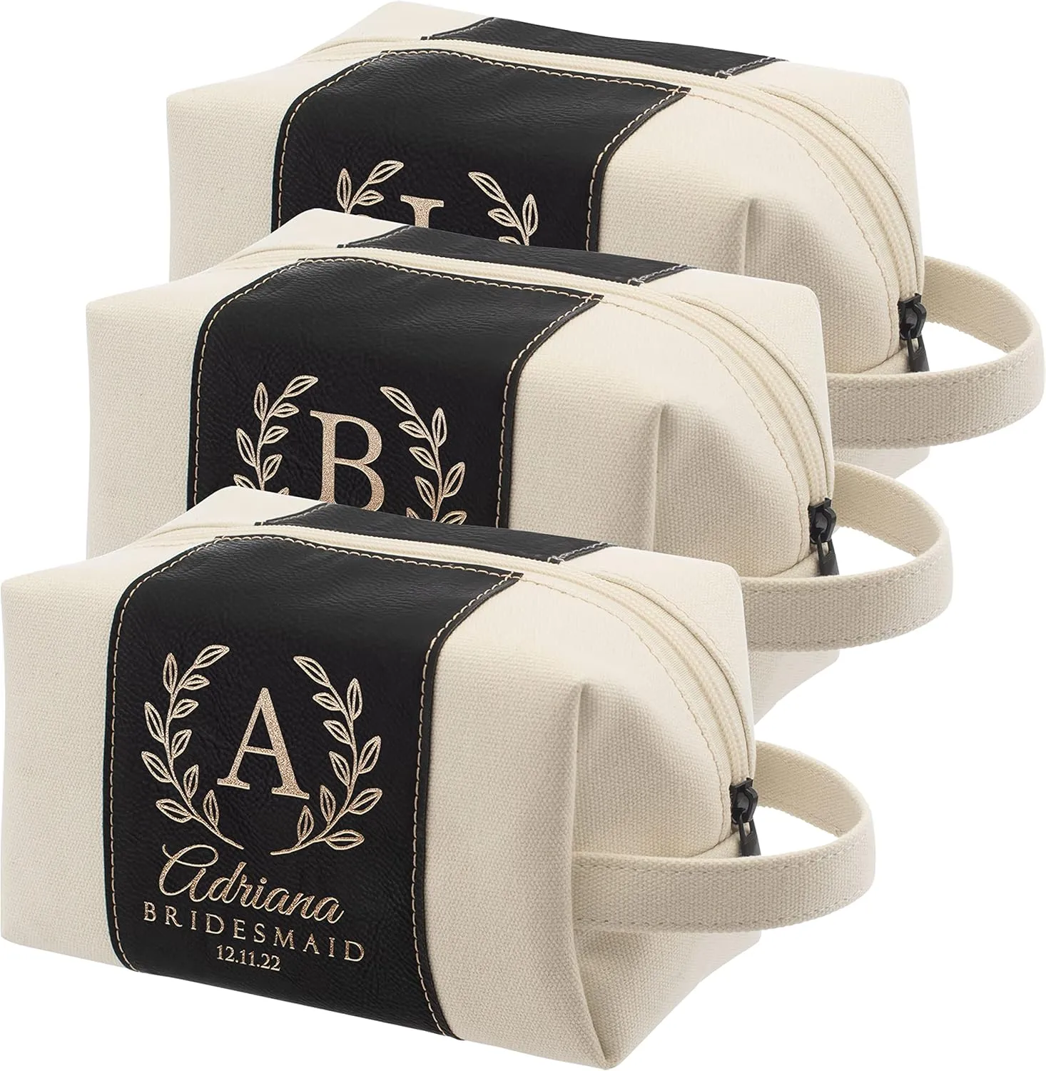 Bridesmaid Gifts Set of 3, Personalized Toiletry Bag for Women, 3 Designs & 4 Colors, Custom w/Name, Title, Date, Bridesmaid Proposal Gifts, Bridal Shower Gift, Bachalorette Party Favors, D1 - BLACK
