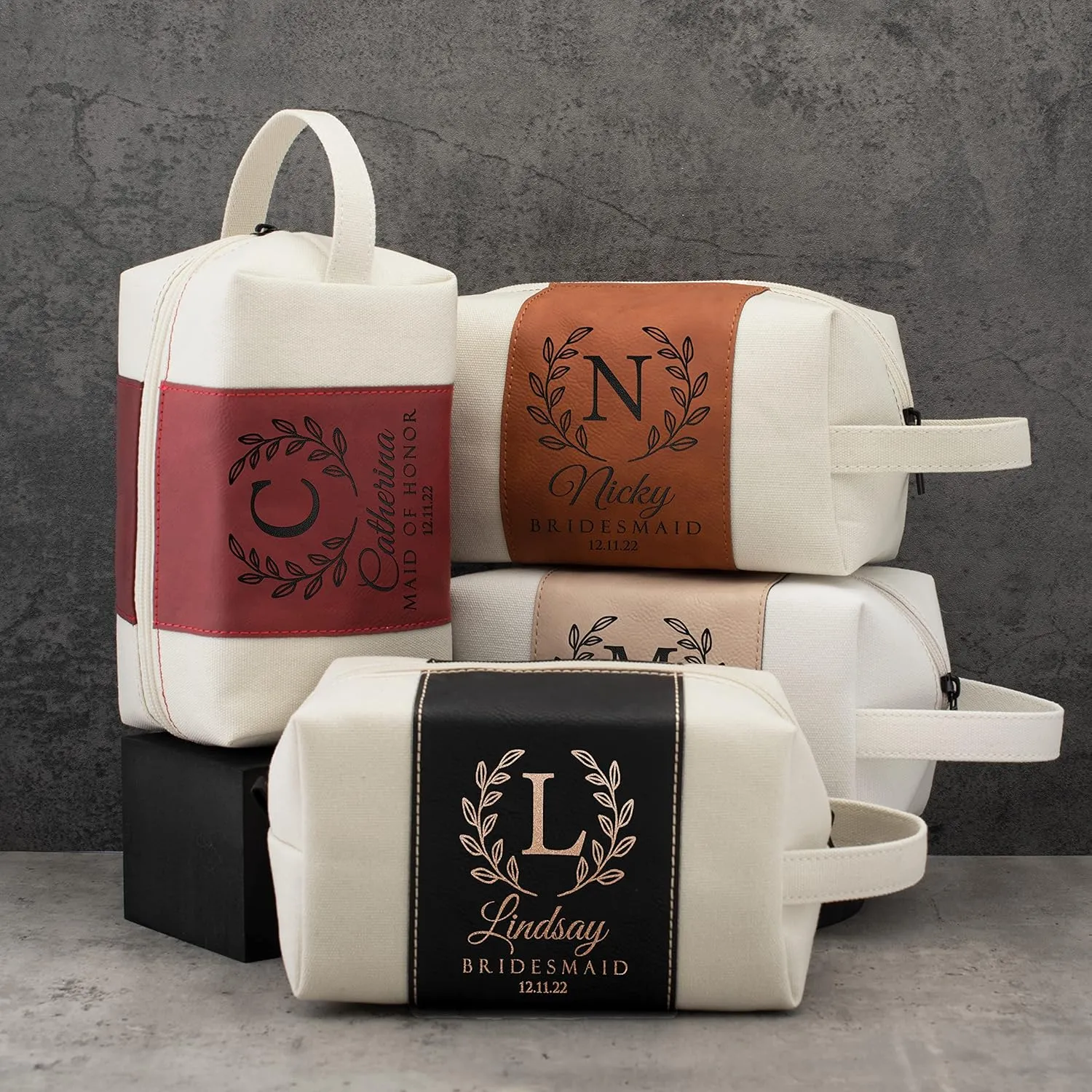 Bridesmaid Gifts Set of 3, Personalized Toiletry Bag for Women, 3 Designs & 4 Colors, Custom w/Name, Title, Date, Bridesmaid Proposal Gifts, Bridal Shower Gift, Bachalorette Party Favors, D1 - BLACK