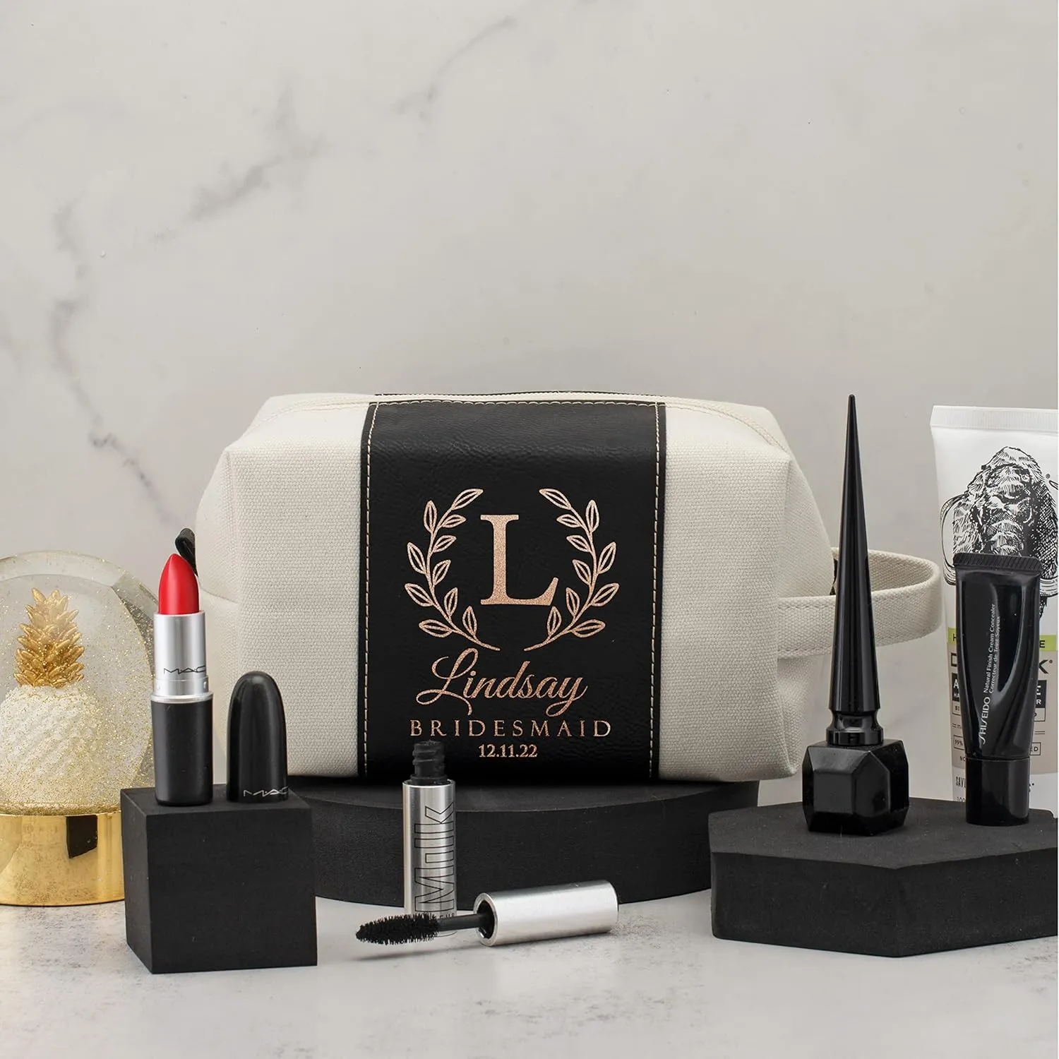 Bridesmaid Gifts Set of 3, Personalized Toiletry Bag for Women, 3 Designs & 4 Colors, Custom w/Name, Title, Date, Bridesmaid Proposal Gifts, Bridal Shower Gift, Bachalorette Party Favors, D1 - BLACK