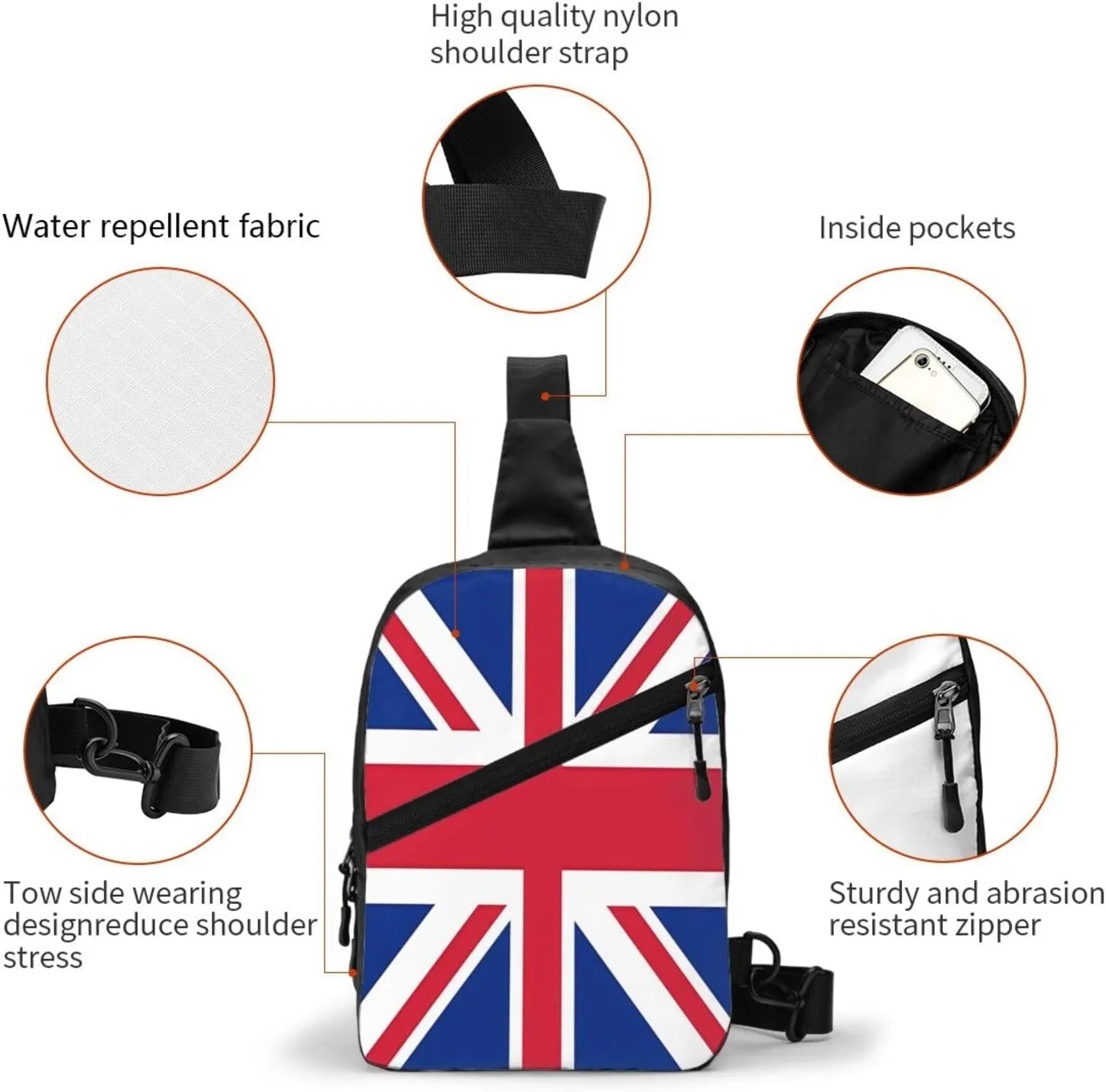 British England UK Union Jack Flag Crossbody Bag Portable Sling Bags Foldable Chest Daypack Reusable Sports Shoulder Backpack Diagonally Casual Rucksack Travel Bag