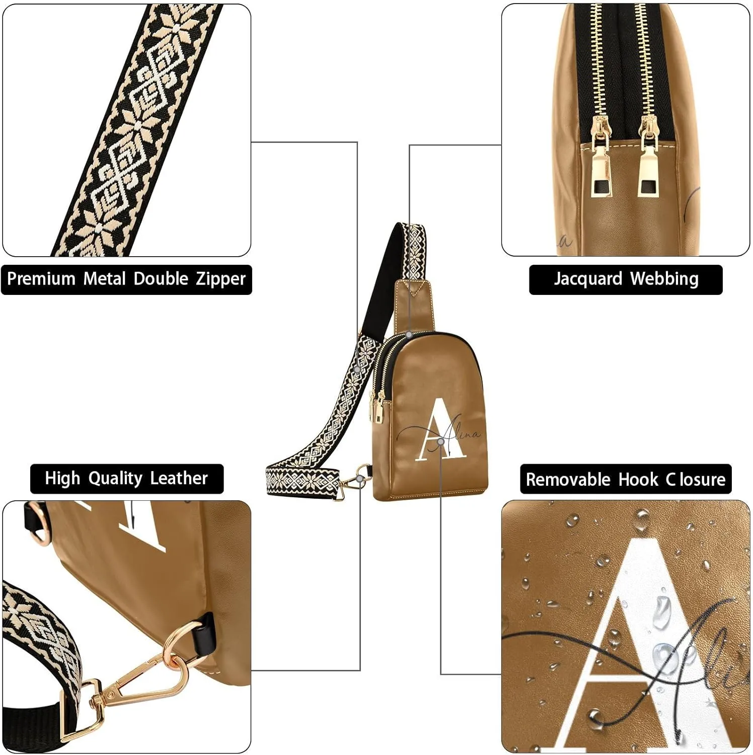 Brown Custom Crossbody Sling Bag for Women Men Personalized Leather Chest Bags Purse Adjustable Cross Body Daypack for Shopping Traveling Work