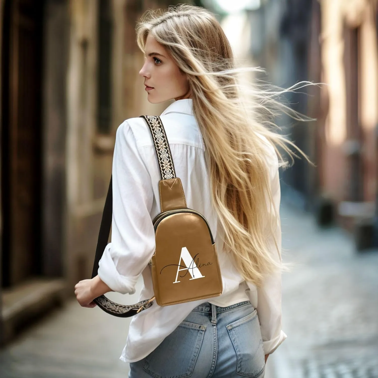 Brown Custom Crossbody Sling Bag for Women Men Personalized Leather Chest Bags Purse Adjustable Cross Body Daypack for Shopping Traveling Work