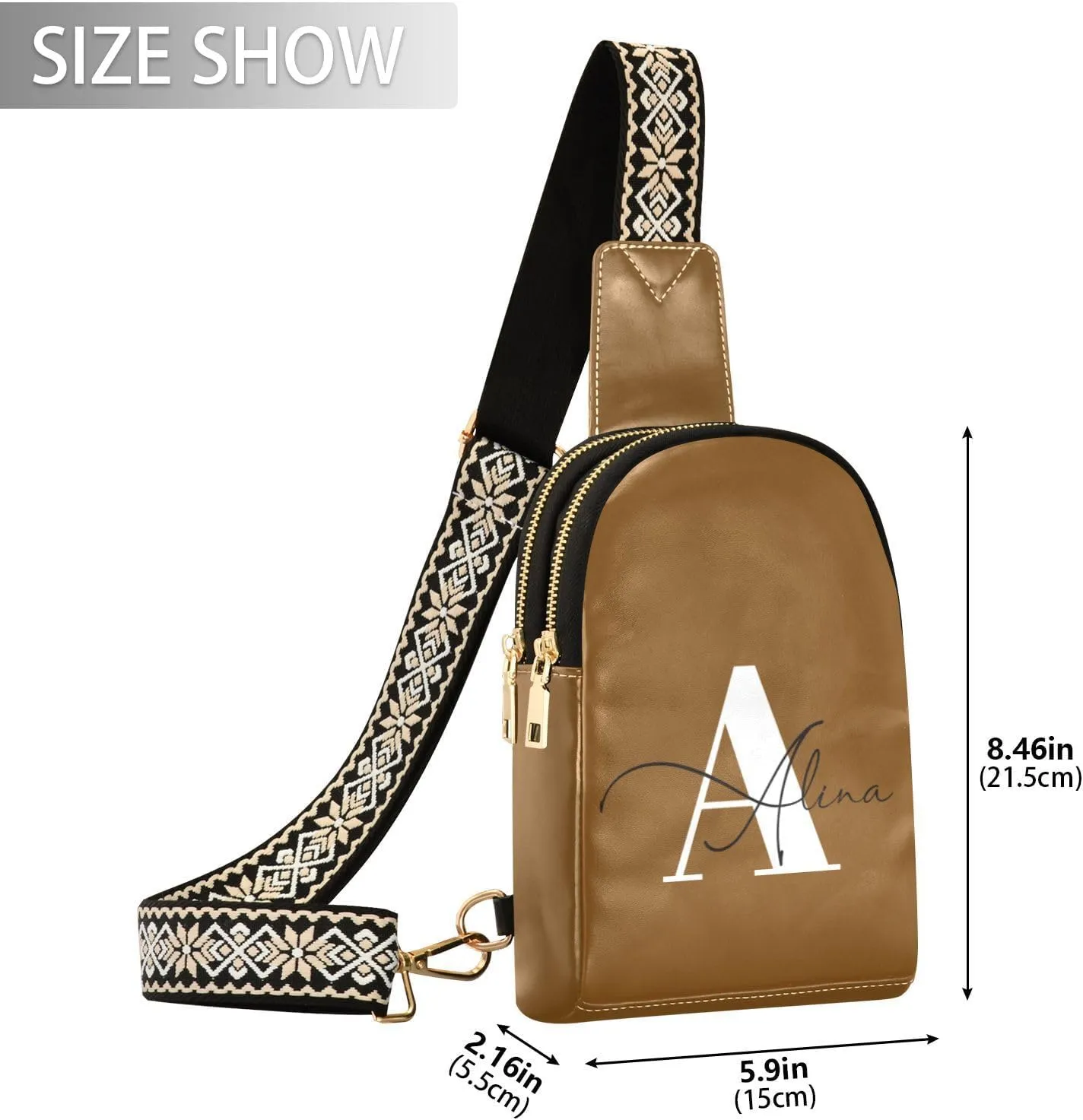 Brown Custom Crossbody Sling Bag for Women Men Personalized Leather Chest Bags Purse Adjustable Cross Body Daypack for Shopping Traveling Work