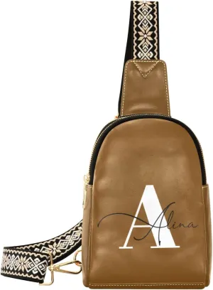 Brown Custom Crossbody Sling Bag for Women Men Personalized Leather Chest Bags Purse Adjustable Cross Body Daypack for Shopping Traveling Work
