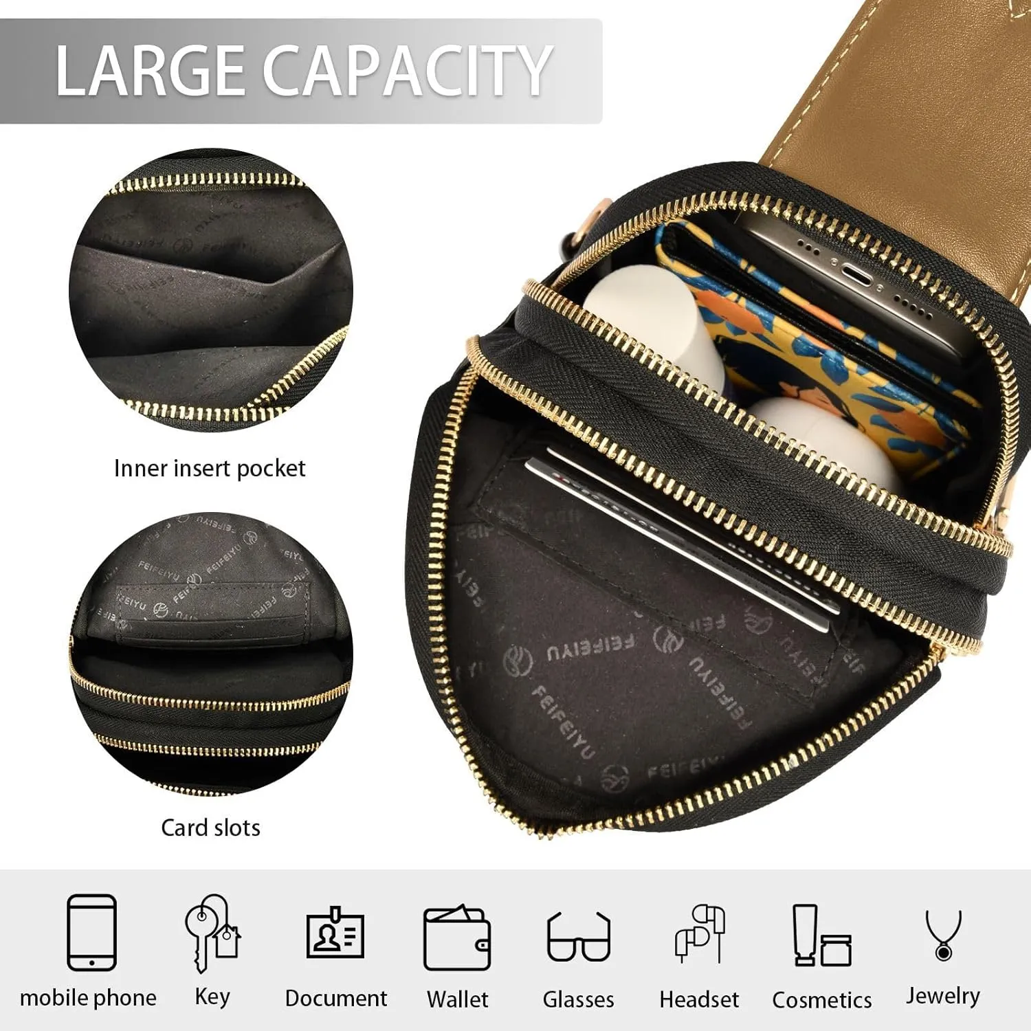 Brown Custom Crossbody Sling Bag for Women Men Personalized Leather Chest Bags Purse Adjustable Cross Body Daypack for Shopping Traveling Work