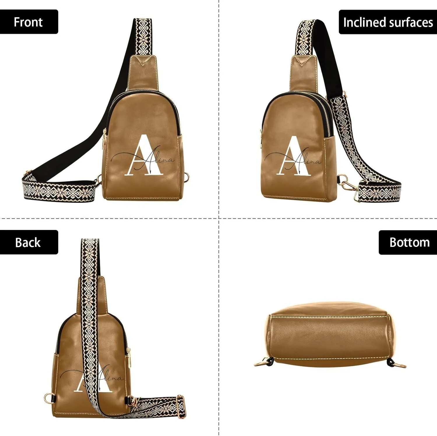 Brown Custom Crossbody Sling Bag for Women Men Personalized Leather Chest Bags Purse Adjustable Cross Body Daypack for Shopping Traveling Work