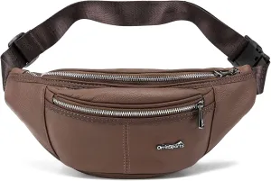 Brown Fanny Pack for Women Genuine Leather Multiple Pockets Metal Zippers Waist Bag for Travel Hiking Cycling Fishing Running
