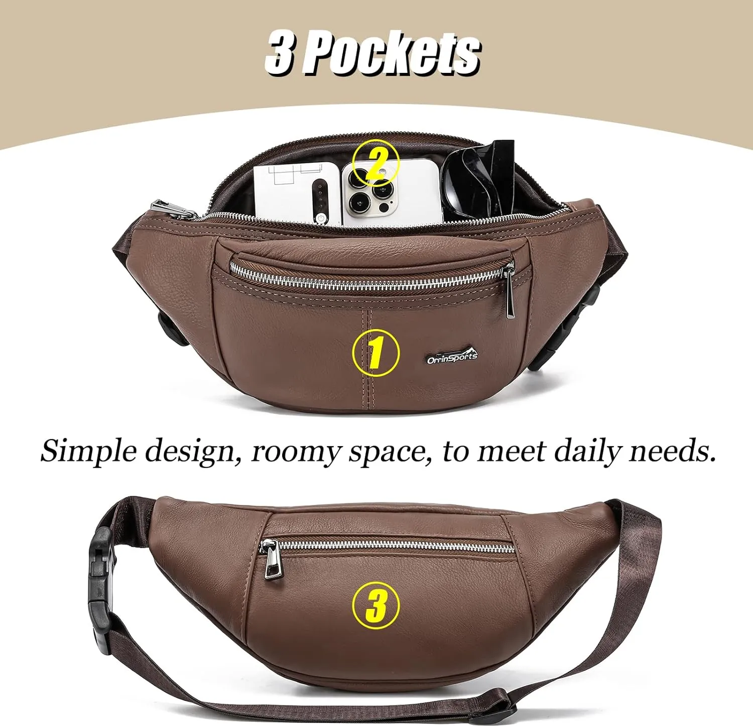 Brown Fanny Pack for Women Genuine Leather Multiple Pockets Metal Zippers Waist Bag for Travel Hiking Cycling Fishing Running