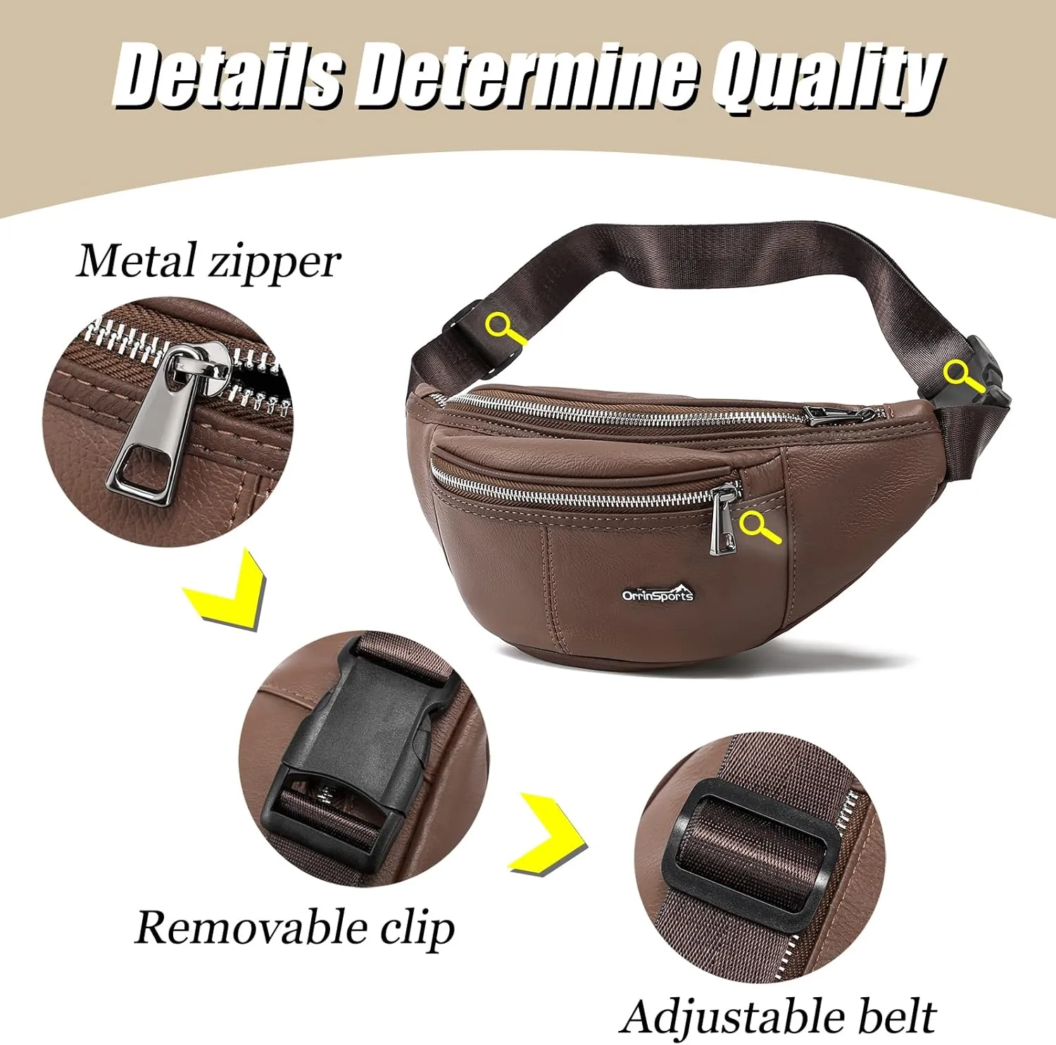 Brown Fanny Pack for Women Genuine Leather Multiple Pockets Metal Zippers Waist Bag for Travel Hiking Cycling Fishing Running