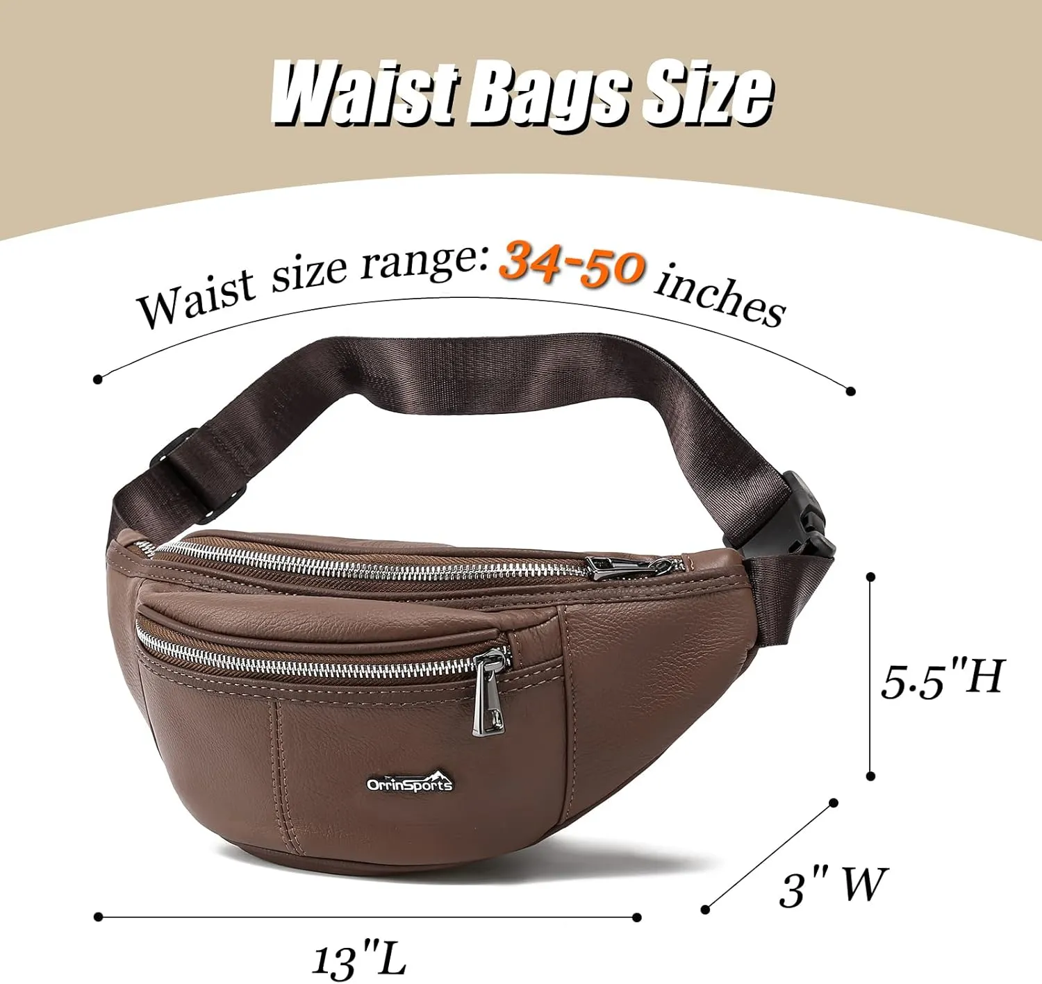 Brown Fanny Pack for Women Genuine Leather Multiple Pockets Metal Zippers Waist Bag for Travel Hiking Cycling Fishing Running