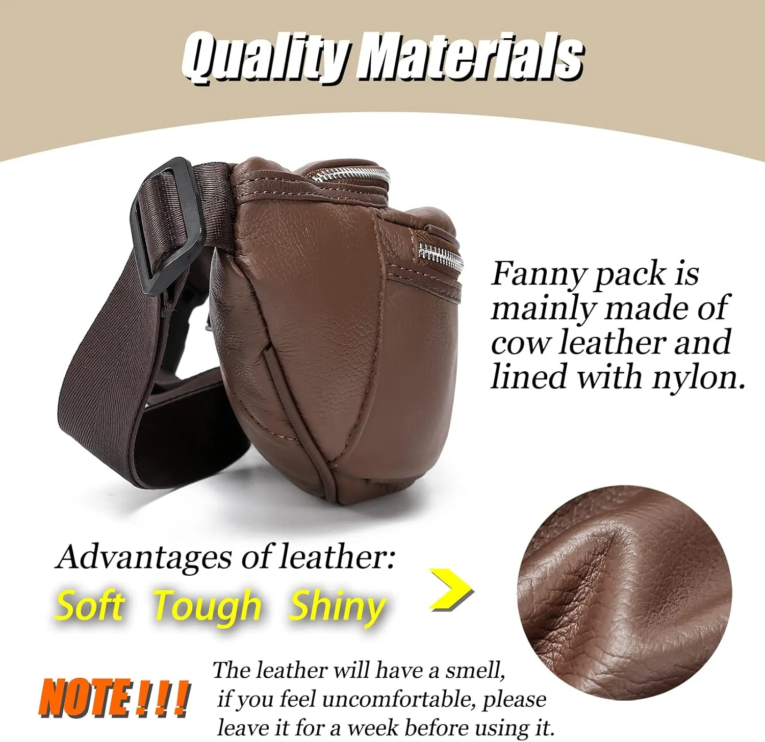 Brown Fanny Pack for Women Genuine Leather Multiple Pockets Metal Zippers Waist Bag for Travel Hiking Cycling Fishing Running