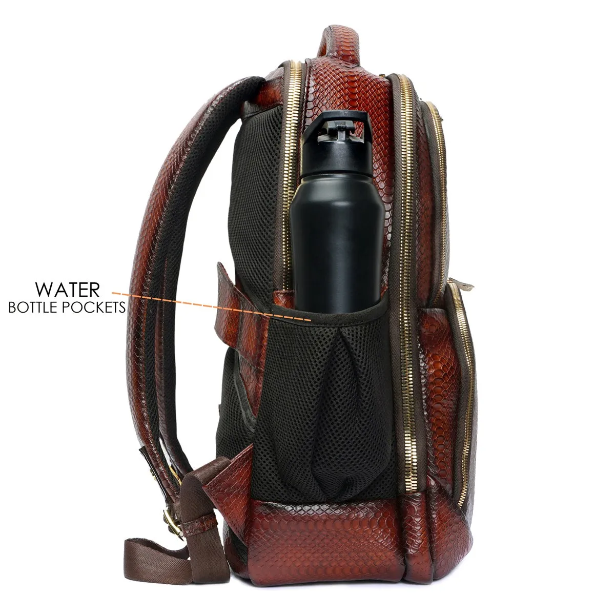 Brown Snake Skin-Textured Leather Backpack with Multi-Utility Design