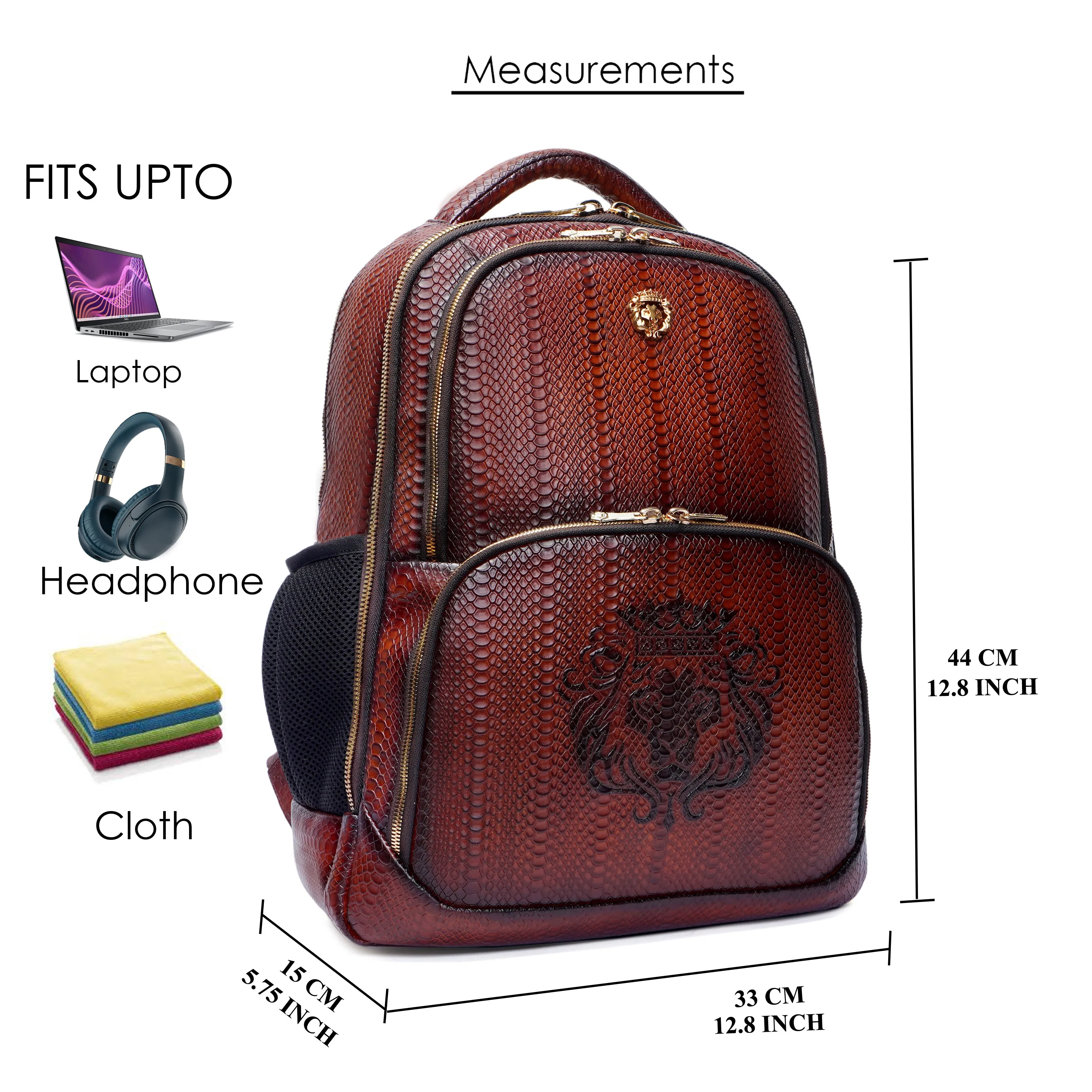 Brown Snake Skin-Textured Leather Backpack with Multi-Utility Design